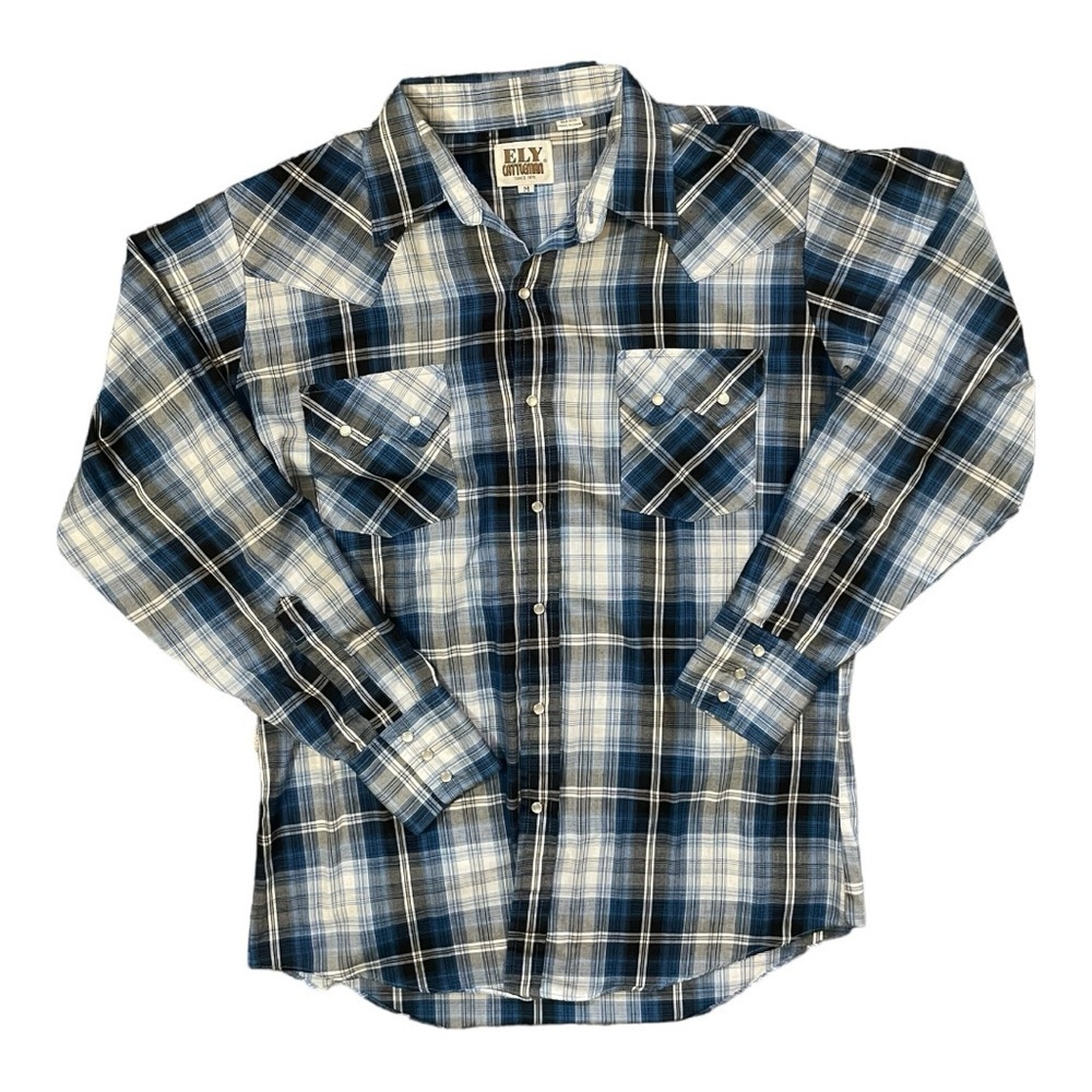 Ely Cattleman Western Pearl Snap Plaid Shirt Mens Medium Long Sleeve Blue‎